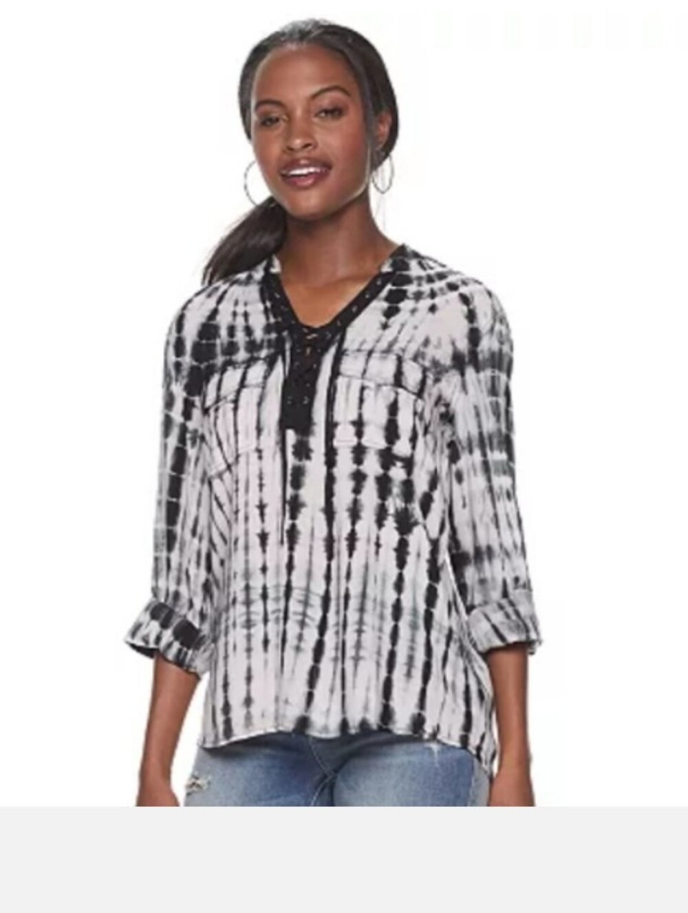 Rock & Republic Black and White Batik Tie Neck Long Sleeve Blouse  Like New Med